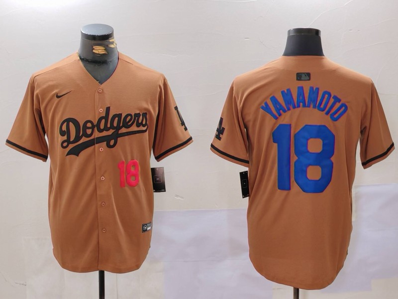 Men Los Angeles Dodgers #18 Yamamoto army green joint name 2024 Nike MLB Jersey style 3->los angeles dodgers->MLB Jersey